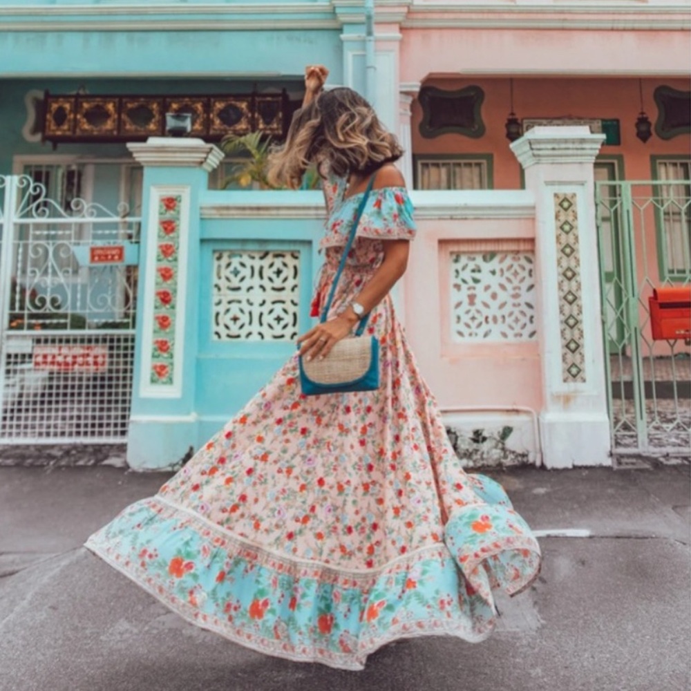Tulle & Batiste Off-Shoulder Maxi Dress in Pastel Blue and Pink Sz S